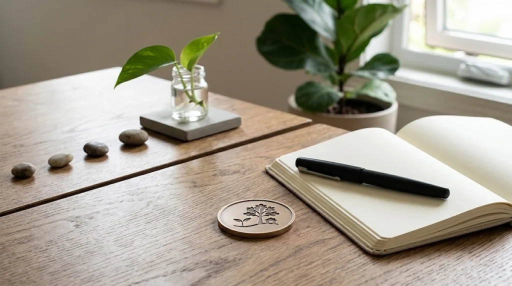Um caderno aberto na cor off-white, com uma caneta-tinteiro preta repousando em sua página esquerda, está sobre uma mesa de madeira clara. Em primeiro plano, ao lado do caderno, há um porta-copos metálico circular com uma xícara de cerâmica branca soltando leves filetes de fumaça.
