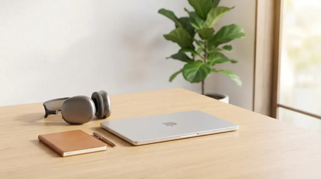 Visão de uma mesa de madeira clara com um MacBook prateado fechado, AirPods Max, e um caderno de couro com caneta.