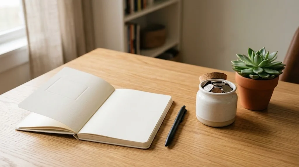 Open blank notebook and pen next to a jar of coins and a potted succulent on a wooden desk.