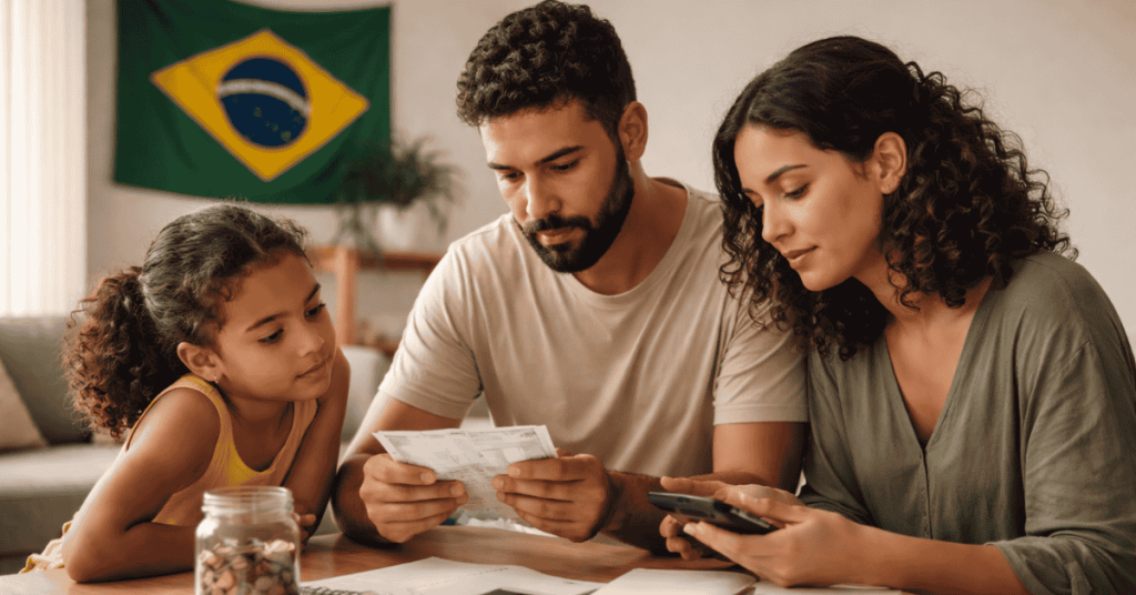 Família brasileira reunida à mesa analisando finanças. Um homem segura contas ou documentos, enquanto a mulher utiliza uma calculadora ou celular para fazer cálculos. Uma criança observa atenta ao lado. Sobre a mesa há papéis e um pote com moedas, e ao fundo aparece a bandeira do Brasil. A cena representa organização financeira familiar e possível decisão sobre empréstimo.
