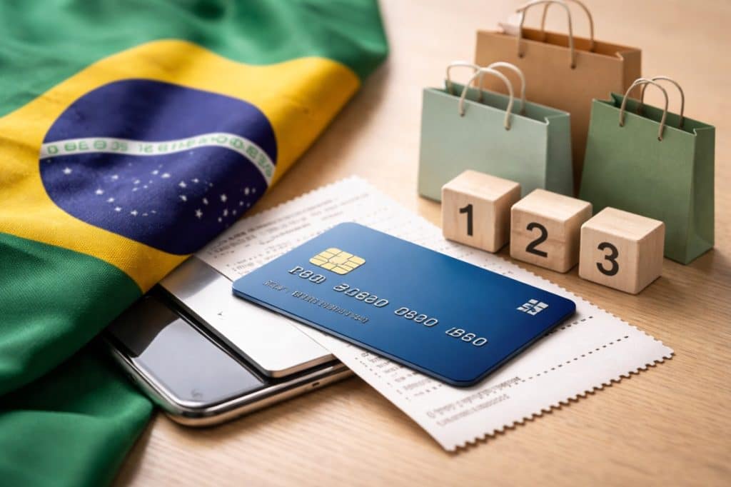 Cartão de Crédito azul apoiado sobre recibo fiscal e smartphone, com bandeira do Brasil ao fundo e sacolas de compras ao lado de blocos numerados 1, 2 e 3, simbolizando etapas de pagamento, organização de despesas e uso estratégico do Cartão de Crédito no planejamento financeiro brasileiro.