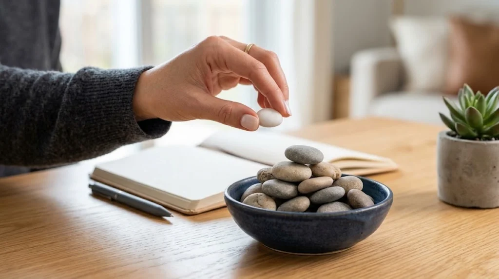 A person wearing a dark sweater extends their hand, holding a small white pebble above a dark blue ceramic bowl stacked with smooth, gray river stones on a wooden table