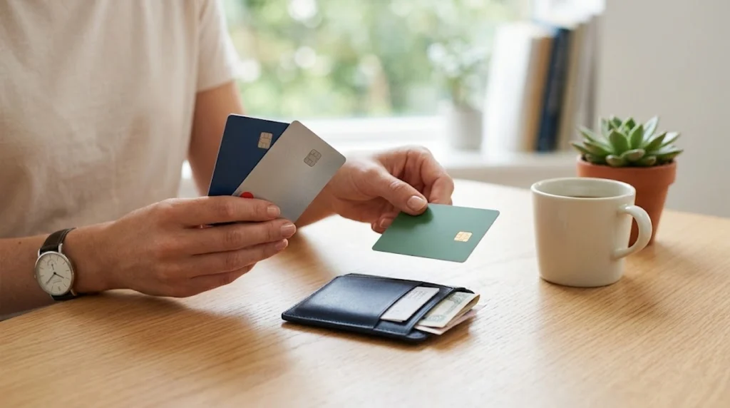 A person's hands hold and compare three credit cards—one navy blue, one silver, and one green—above a light wooden table.