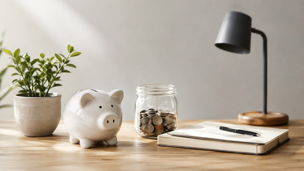 A wooden desk featuring a white ceramic piggy bank, a glass jar filled with coins, an open notebook with a pen, and a small potted plant, all illuminated by soft natural light. A modern desk lamp sits in the background, creating a clean, minimalist composition that conveys financial planning, saving habits, and long-term financial responsibility without any text.