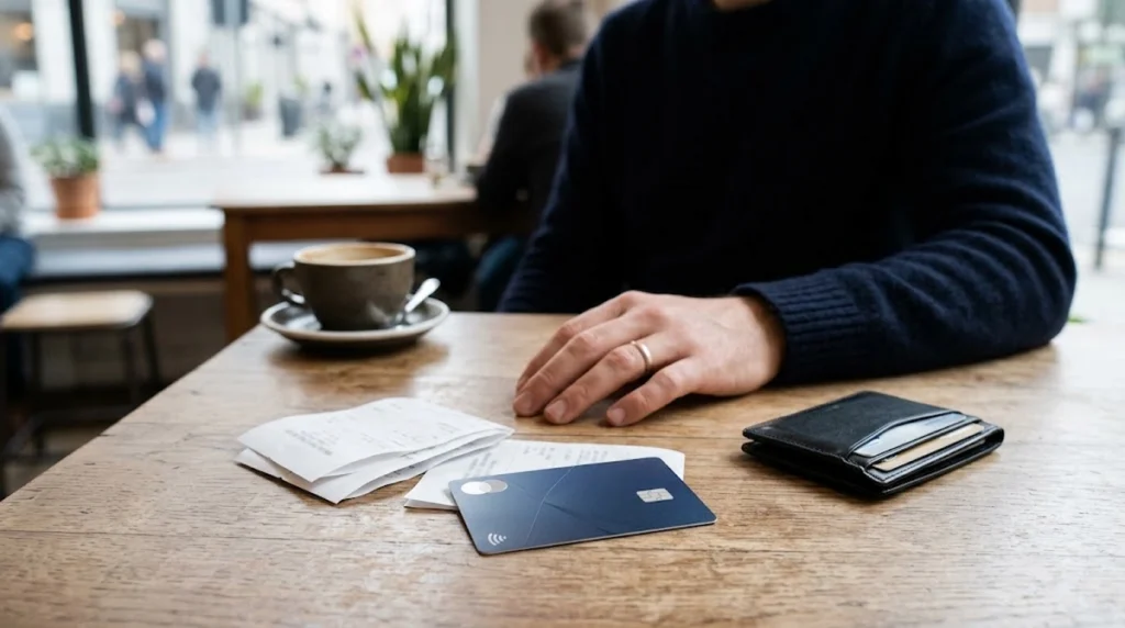 Realistic and minimalist photograph focused on a light wooden table in a cafe illuminated by natural light. In the foreground, a matte dark blue credit card rests on a small stack of blank papers next to a closed black leather wallet. In the background, a person wearing a dark blue sweater has their hand resting gently on the table near a cup of coffee. The background is softly blurred, conveying a calm, reflective atmosphere of daily routine.