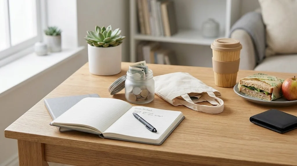 A close-up photograph of items on a wooden desk, including an open notebook, a pen, a jar of coins and bills, a reusable tote bag, a bamboo travel mug, and a plate with a wrapped sandwich and an apple. The background is a gently blurred home interior. The scene illustrates practical choices and habits that build financial wellness.