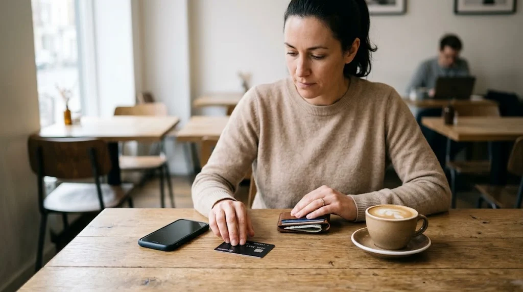A realistic-style photograph with soft lighting featuring a woman sitting at a wooden table in a well-lit café. She is wearing a beige knit top and intently observing a dark credit card resting on the table, holding it lightly with her fingers. Nearby, there is a cup of coffee, an open leather wallet containing folded banknotes, and a black smartphone on the table. The background is softly blurred, revealing the café's cozy atmosphere.