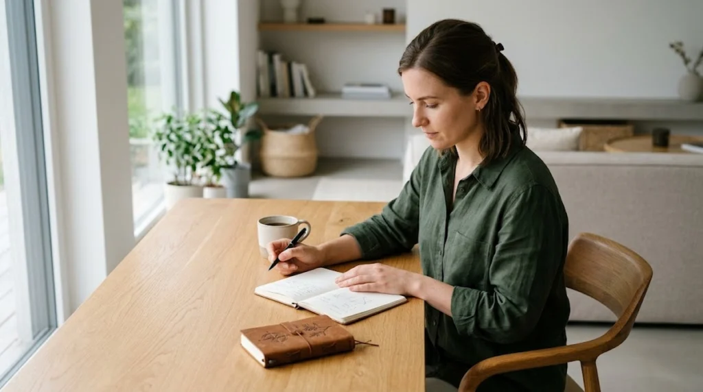 A realistic, minimalist, side-angle photograph of a young woman with brown hair sitting at a light-wood table, writing thoughtfully in an open notebook. Beside the notebook are a cup of coffee and a closed leather journal. The scene is illuminated by natural light from a large window in the background, conveying a sense of calm, organization, and mindful planning.