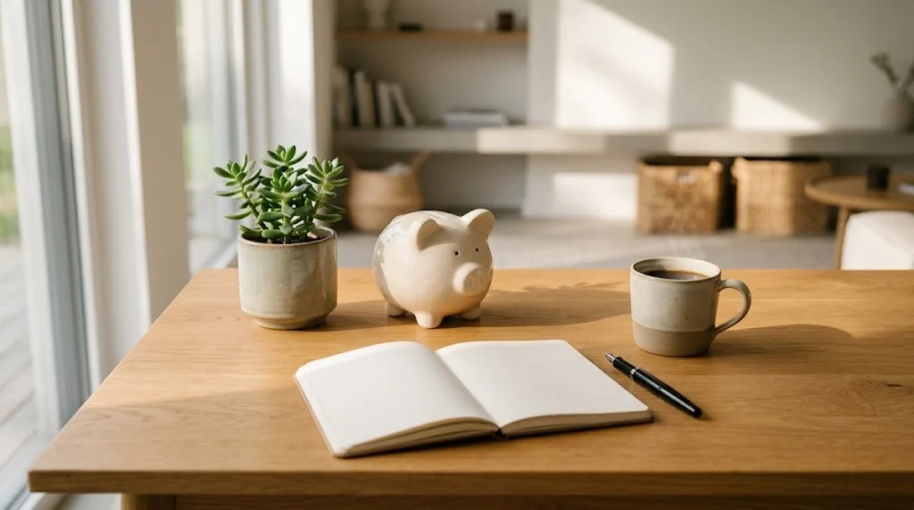 A realistic, minimalist illustration of a tidy wooden table illuminated by soft natural light from a nearby window. On the table sit a light-colored ceramic piggy bank, a small pot with a growing green plant, an open notebook with a pen, and a cup of hot coffee. The clean, balanced composition conveys a sense of calm, simple daily habits, and mindful financial growth.