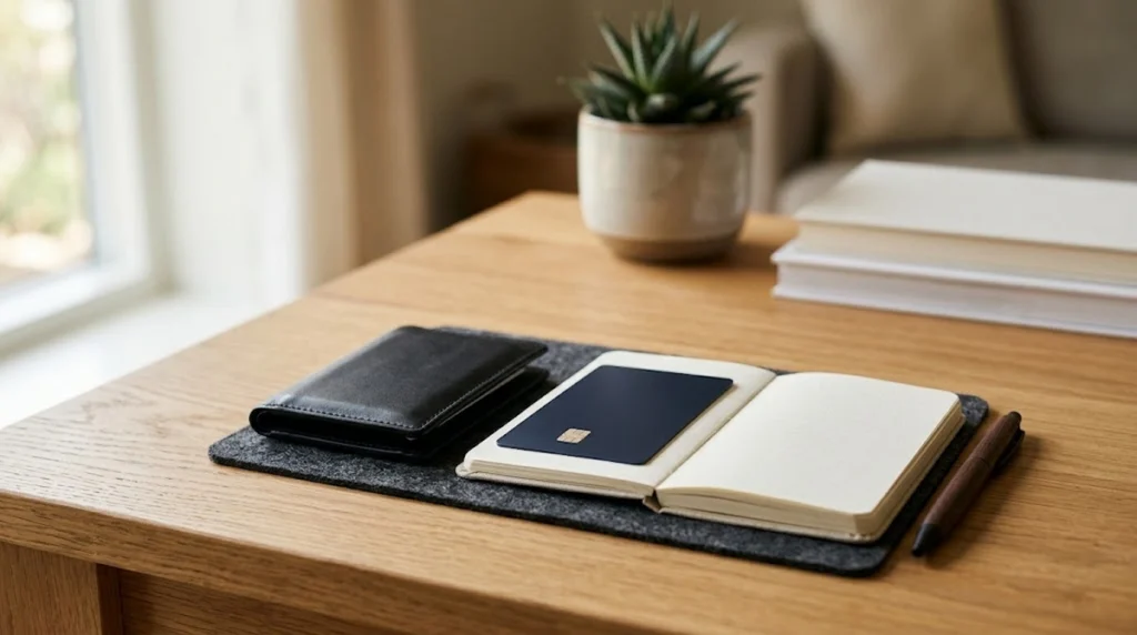 A dark gray felt desk mat rests on a light oak wooden table, holding a black leather wallet, an open blank notebook with a navy blue credit card placed on its left
