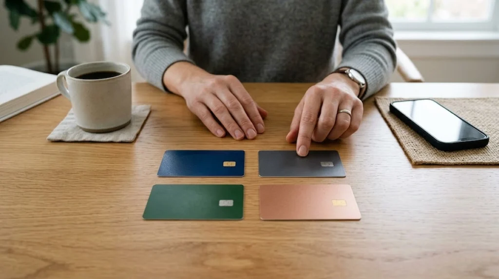 A minimal and realistic image focused on credit card choices in the U.S. On a polished wooden desk, a person in a gray sweater sits with four solid-colored credit cards (navy blue, dark gray, green, and copper) laid out neatly in a two-by-two grid. The cards have no logos, text, or numbers. One hand rests on the table while the index finger of the other hand points directly at the dark gray card, making a deliberate choice. A ceramic coffee mug on a linen coaster sits to the left, and a modern smartphone rests on a woven mat to the right, under soft, natural daylight.
