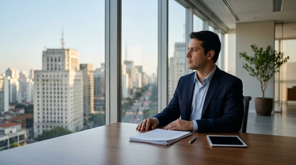 Fotografia realista e minimalista de um homem em traje social sentado em uma mesa de madeira lisa em um escritório moderno. Sobre a mesa, há papéis organizados, uma caneta e um tablet desligado. Ao fundo, uma grande janela de vidro exibe uma vista panorâmica da cidade de São Paulo, destacando edifícios icônicos sob a iluminação natural e suave do dia. O homem observa a paisagem urbana com expressão reflexiva e atenta. A imagem não contém texto, números ou gráficos, apresentando um visual limpo e equilibrado.