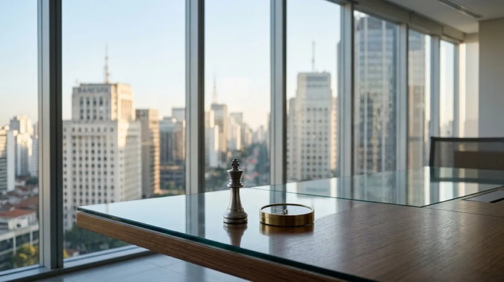 Fotografia realista e minimalista de um ambiente de escritório corporativo sofisticado. Em primeiro plano, sobre uma mesa de madeira escura e polida, destaca-se uma única peça de xadrez estilizada, simbolizando estratégia e tomada de decisões. Ao fundo, através de grandes janelas de vidro do chão ao teto, vê-se uma vista suavemente desfocada de um centro financeiro brasileiro sob luz natural e bem distribuída. A composição é limpa, sem ruídos visuais, e não contém textos, gráficos ou números.