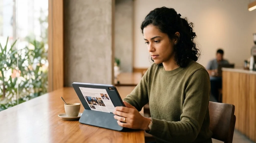 Fotografia em estilo realista e minimalista mostrando uma pessoa sentada à mesa de madeira em um ambiente moderno e iluminado, segurando um tablet digital na vertical enquanto observa a tela com atenção. Ao lado do dispositivo, há uma xícara de café sobre o pires. O fundo é suavemente desfocado, destacando a pessoa e transmitindo uma atmosfera tranquila de acompanhamento de notícias e análises de mercado.