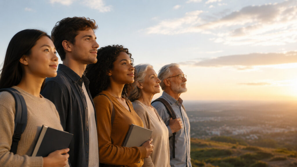 Grupo de pessoas de diferentes faixas etárias em um ambiente aberto durante o pôr do sol, olhando para o horizonte com expressões serenas. Algumas seguram livros e mochilas, simbolizando aprendizado e desenvolvimento pessoal. O cenário possui céu amplo, iluminação natural suave e poucos elementos visuais, transmitindo a ideia de evolução, conhecimento e oportunidades em diferentes fases da vida.