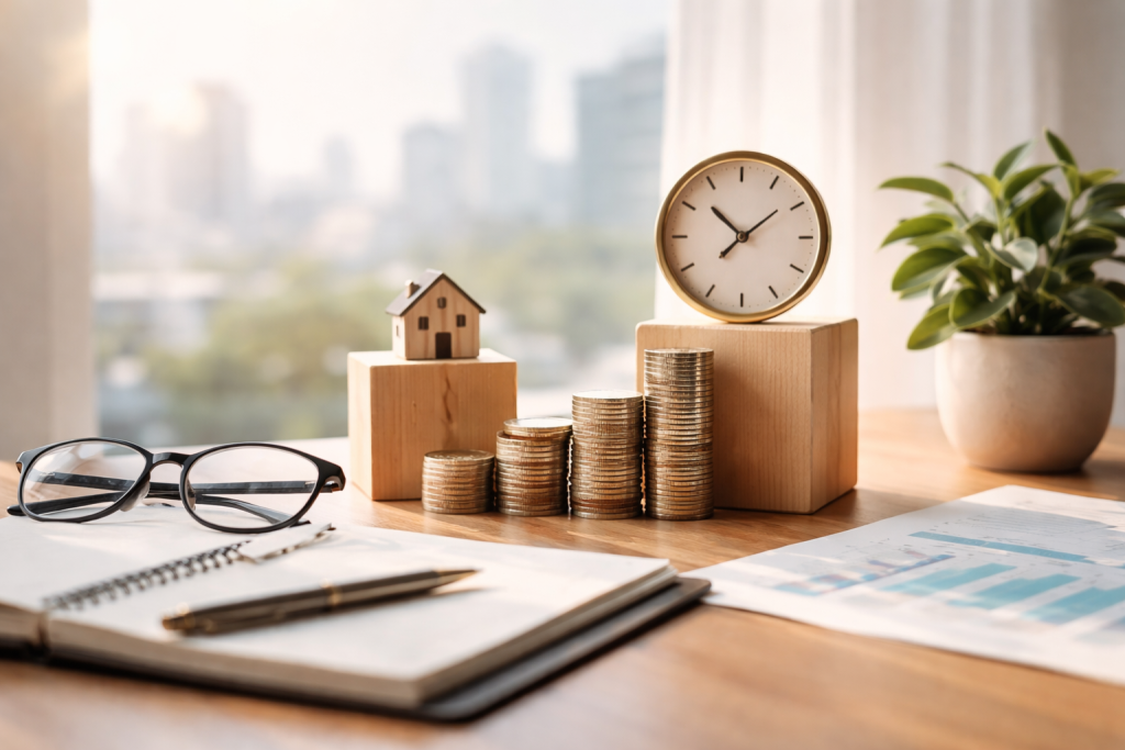 Minimalist and realistic financial planning scene on a wooden desk near a large window with a soft city skyline blurred in the background, showing neatly stacked coins placed beside wooden blocks supporting a small house model and a classic analog clock, with a notebook, pen and eyeglasses arranged in the foreground, symbolizing long-term planning, financial stability and strategic Investments aligned with time horizon and risk awareness.