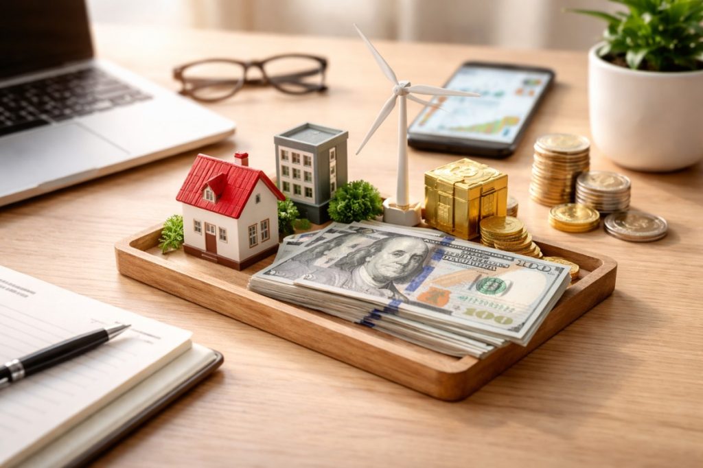 Minimalist workspace scene showing a wooden tray with U.S. dollar bills, small house and building models, a wind turbine, and stacked coins representing diversified investiments, placed on a clean desk with a laptop, glasses, smartphone, and plant softly blurred in the background, conveying financial planning and balanced asset allocation in a modern U.S. market context.