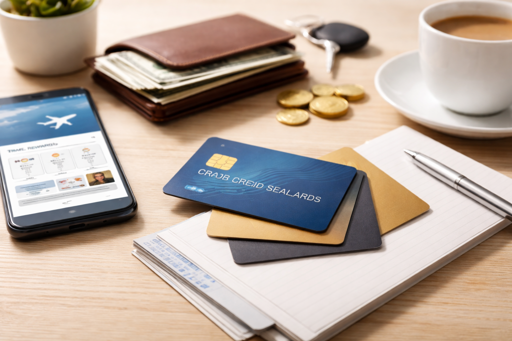 A clean and minimalist workspace scene showing three credit cards stacked on top of a notebook, next to a smartphone displaying a travel interface, a leather wallet with cash, a cup of coffee, and a few coins, representing smart financial planning and everyday spending habits in the US card ecosystem, with a focus on balancing rewards and costs in modern investmetns strategies