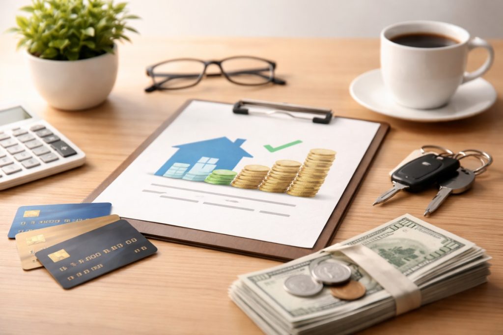Minimalist workspace with a wooden desk featuring a clipboard displaying a house icon and stacked coins, surrounded by a credit card, cash bundle, car keys, coffee cup, calculator, glasses, and a small plant, representing financial planning and responsible credit card use in the U.S.
