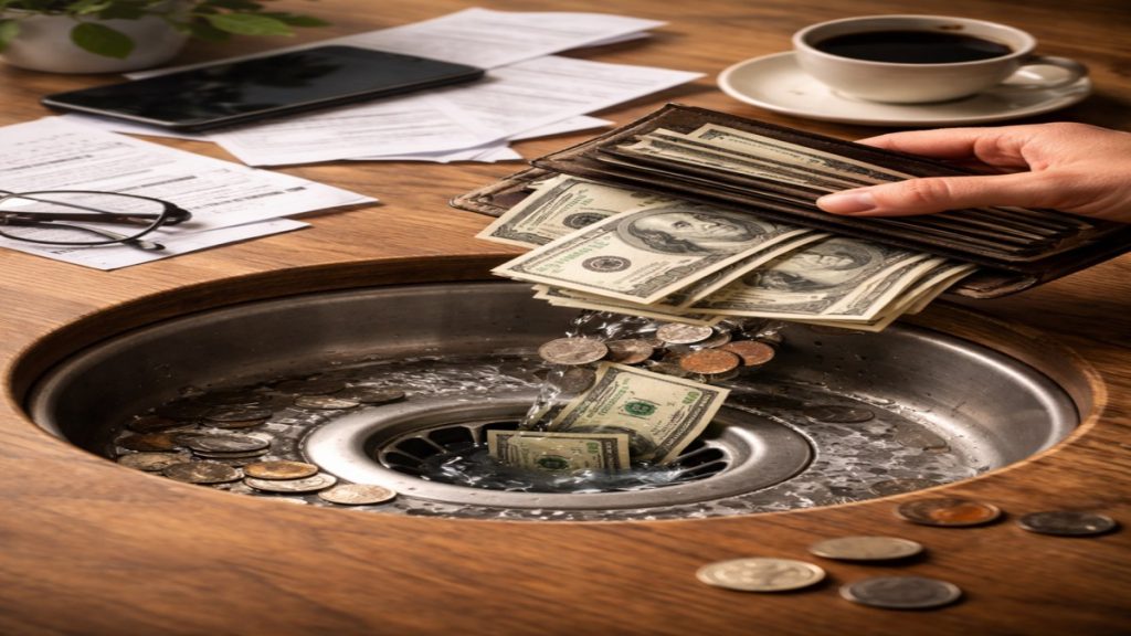 Hand holding an open wallet with US dollar bills and coins falling into a kitchen sink drain, symbolizing hidden losses in personal finances, with everyday objects like a coffee cup, phone, and papers in the background.