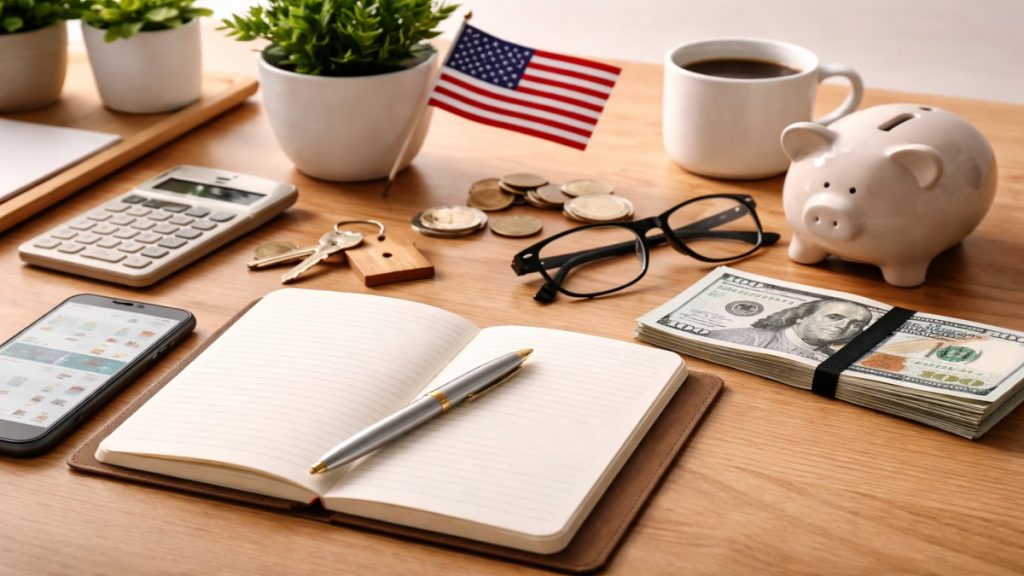 Realistic minimal workspace scene representing personal finances in the United States, featuring an open notebook with pen, smartphone displaying apps, calculator, house keys, stack of US dollar bills, coins, glasses, coffee cup, and piggy bank on a wooden desk with a small American flag in the background, symbolizing budgeting, planning, and everyday financial management.