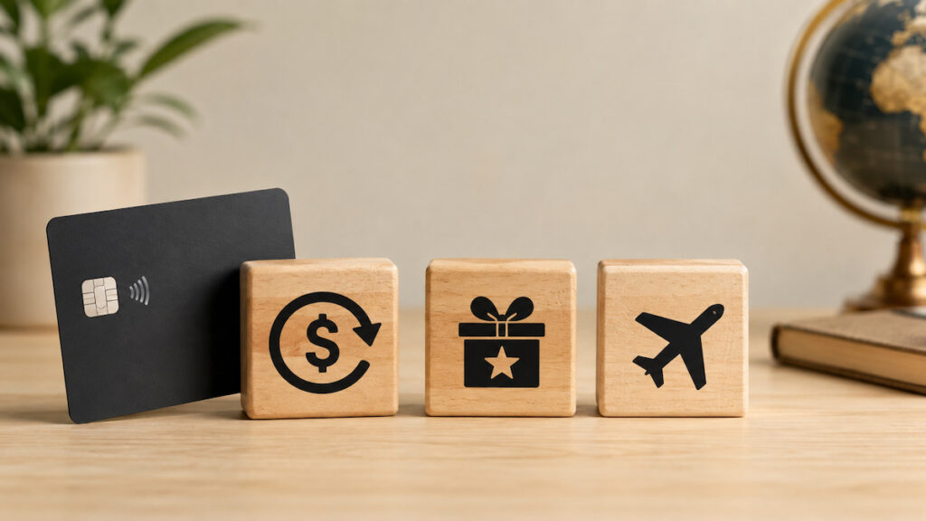 Imagem realista e minimalista mostrando um cartão de crédito apoiado ao lado de três blocos de madeira com ícones que representam cashback, recompensas e viagens aéreas. Ao fundo, desfocados, aparecem uma planta, um globo terrestre e um caderno sobre uma mesa, em ambiente bem iluminado e com tons neutros, sugerindo diferentes formas de obter benefícios ao usar o cartão de crédito.
