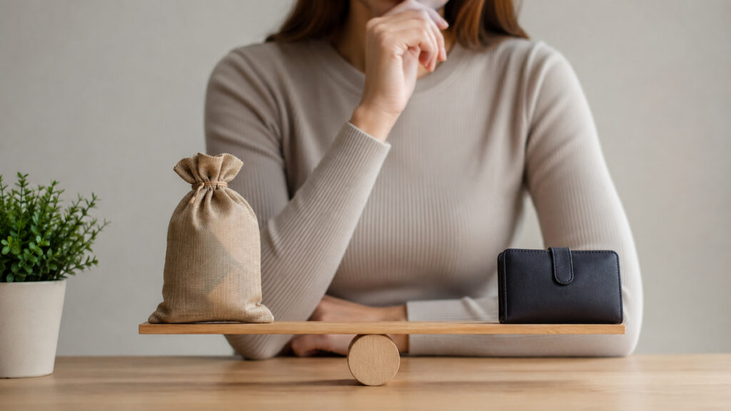 Pessoa em uma mesa observando uma pequena balança de madeira que equilibra um saco de dinheiro e uma carteira, simbolizando a comparação entre diferentes formas de crédito. O ambiente é minimalista, com iluminação suave, fundo neutro e uma pequena planta ao lado, transmitindo a ideia de análise financeira e tomada de decisão consciente, sem qualquer texto ou elementos gráficos.
