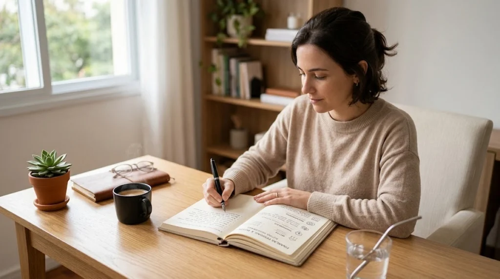 Fotografia realista em estilo minimalista de uma mulher jovem de cabelos escuros e blusa bege, sentada a uma mesa de madeira clara perto de uma janela bem iluminada. Ela escreve concentrada em um caderno aberto com uma caneta. Sobre a mesa limpa e organizada, estão um pequeno vaso com uma suculenta, uma xícara preta de café, um caderno fechado de couro com óculos em cima e um copo de água. A iluminação é suave e natural, transmitindo uma sensação de calma, foco e equilíbrio.