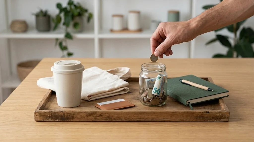 A person's arm and hand drop a single coin into a clear glass jar filled with coins and a rolled-up 50 euro banknote. The jar rests inside a rustic wooden tray
