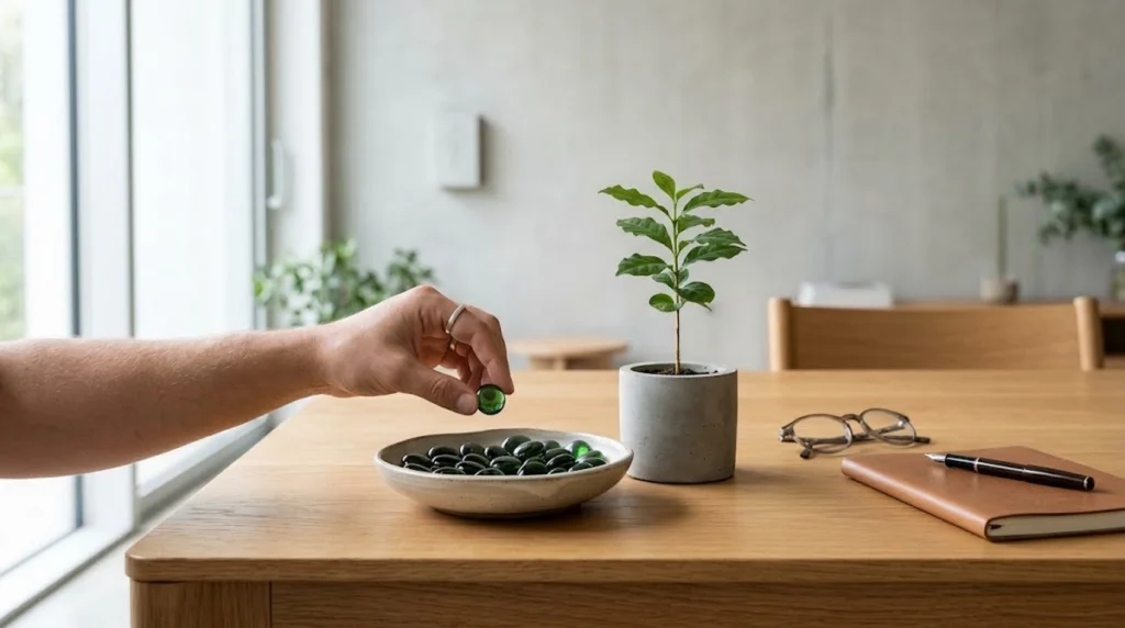 A person's arm and hand reach across a light wooden table to pick up a translucent green glass gem from a shallow ceramic dish filled with similar green stones.