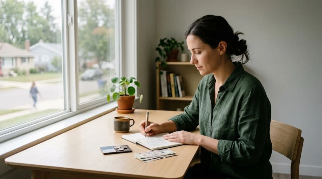 A side profile photograph captures a woman with her hair tied back in a bun and wearing a green button-up shirt, sitting at a wooden desk by a window and writing in a notebook. On the desk are a black ceramic mug with coffee, a small card with two coins on it, several dollar bills, a plant in a terracotta pot, and the edge of a wooden chair. A wooden bookshelf is against a plain wall behind her, and outside the large window is a residential neighborhood.