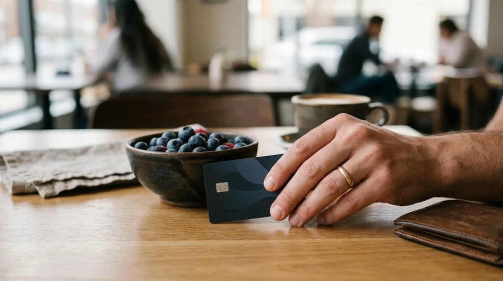 A realistic, close-up shot of a hand placing a sleek, minimalist dark credit card on a light wooden table inside a cozy cafe. Next to the card sits a ceramic bowl with fresh blueberries and raspberries, a cup of coffee, and a leather wallet. The background is softly blurred, showing ambient seating with high contrast, clear details, and a clean layout without text or graphics.