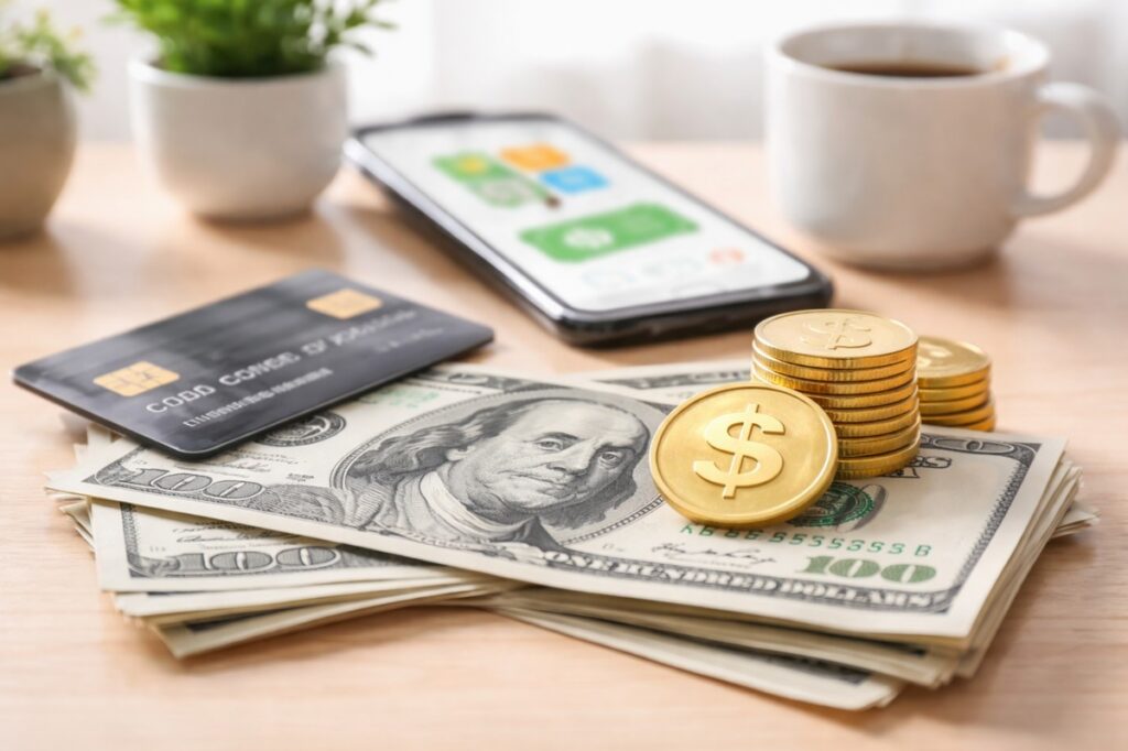 The image presents a clean, minimalist financial scene featuring a credit card placed on top of U.S. dollar bills, alongside neatly stacked gold coins.