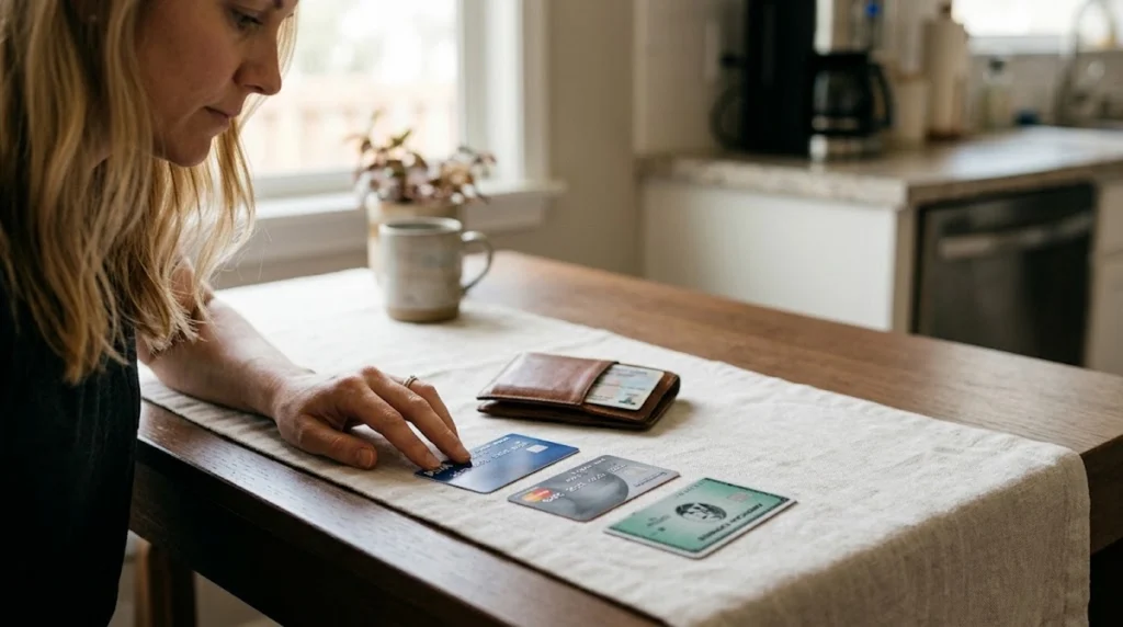 A person sitting thoughtfully at a wooden table, pondering three distinct credit cards laid out side by side. Next to the cards rests a leather wallet and a warm mug, with soft, natural light illuminating the minimalist scene.