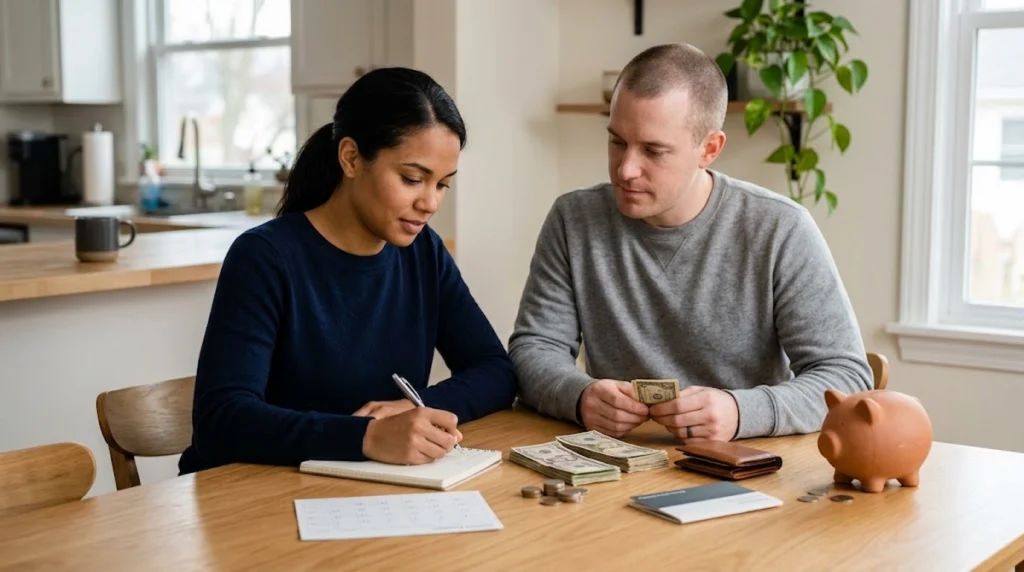 A man and a woman sitting together at a wooden dining table in a bright, minimalist home interior. The woman is writing in a notebook, while the man carefully counts a small stack of US dollar bills. On the table between them are neat stacks of cash, a small piggy bank, a calendar, and a wallet. The background shows a clean, modern kitchen area, conveying a focused and thoughtful atmosphere around household budgeting.