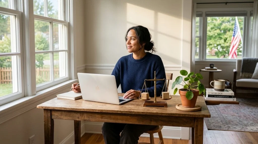 A clean, minimalist home office setting with warm sunlight streaming onto a smooth wooden desk. On the desk, a small vibrant green potted plant sits next to a classic brass balance scale holding two wooden blocks, symbolizing financial balance and growth. A sleek laptop and a ceramic coffee mug sit neatly nearby in a calm, uncluttered environment with soft focus in the background.